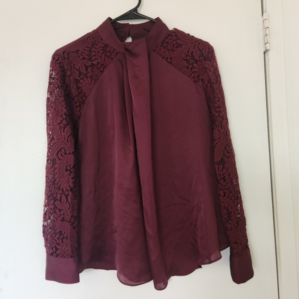 Worthington Petite Elegant Burgundy Lace Sleeve Women's Top Size PL #024